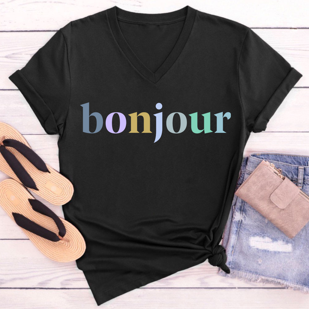 Bonjour French Teacher Female V-Neck T-Shirt