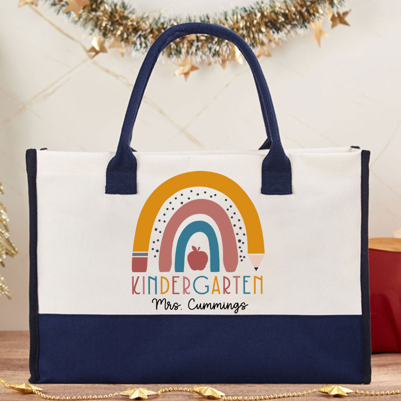 Personalized Name Rainbow Apple Teacher Cotton Tote Bag