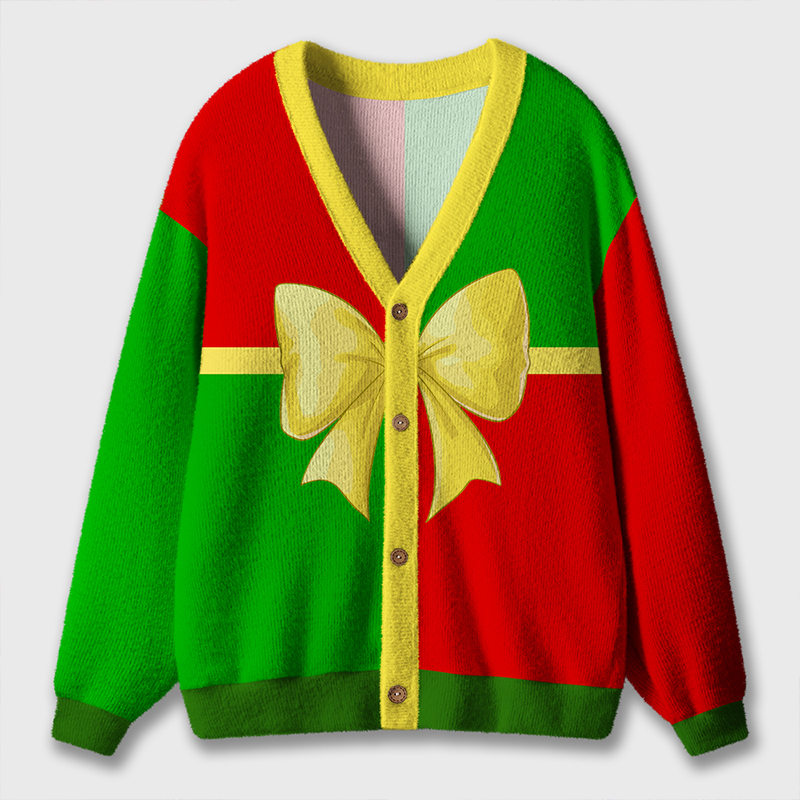 Red And Green Coquette Bow Teacher Ugly Cardigan Sweaters