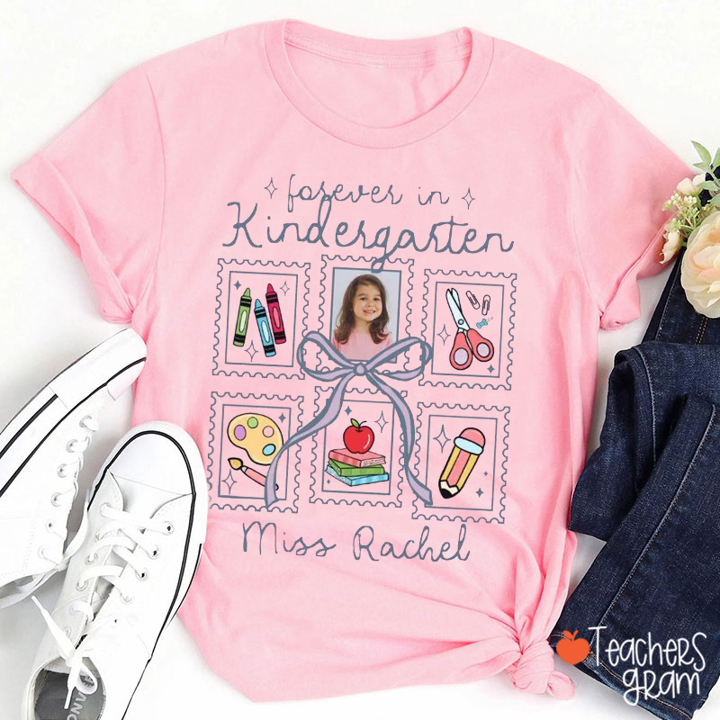 Personalized Grade And Name Photo Stamp Bow Forever Teacher T-Shirt