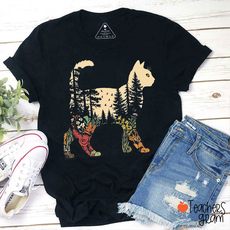 Boho Cat Plants Teacher T-Shirt