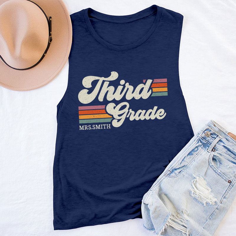 Personalized Grade And Name Retro Horizontal Stripes Teacher Tank Top
