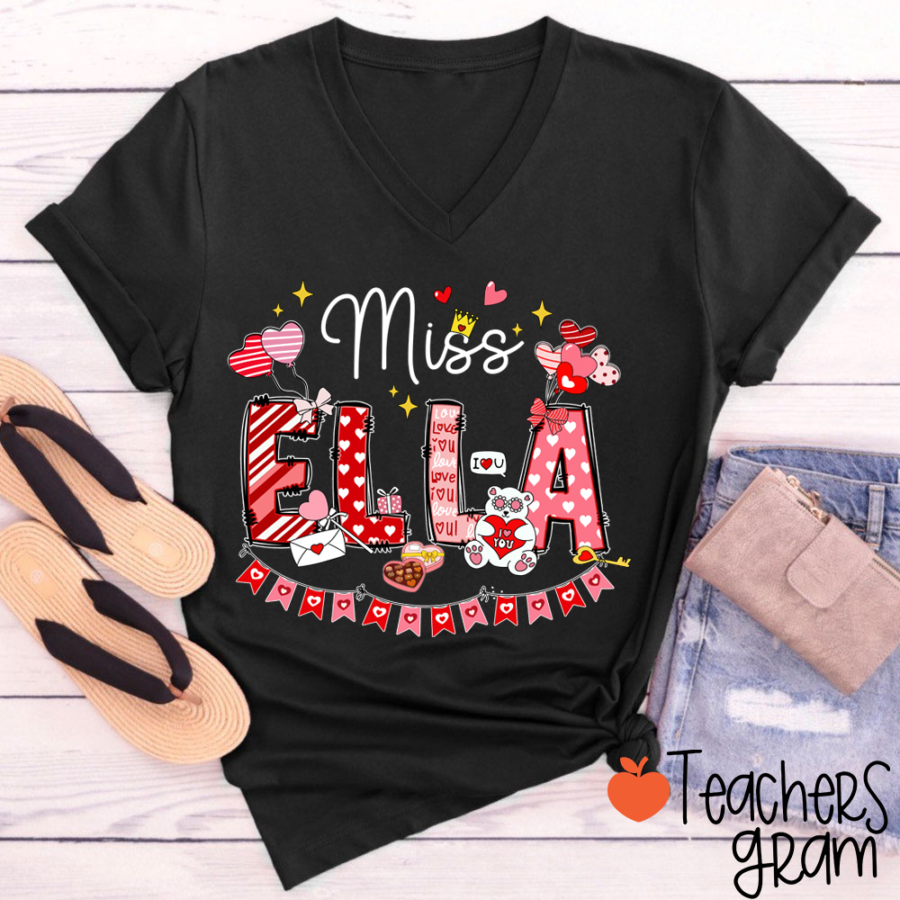 Personalized Valentines Day Teacher Female V-Neck T-Shirt