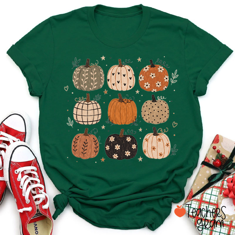 Fall Floral Pumpkin Grid Teacher T‑Shirt