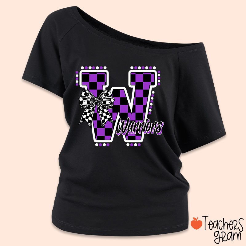 Personalized Mascot Checkered Print Teacher Off Shoulder Shirt