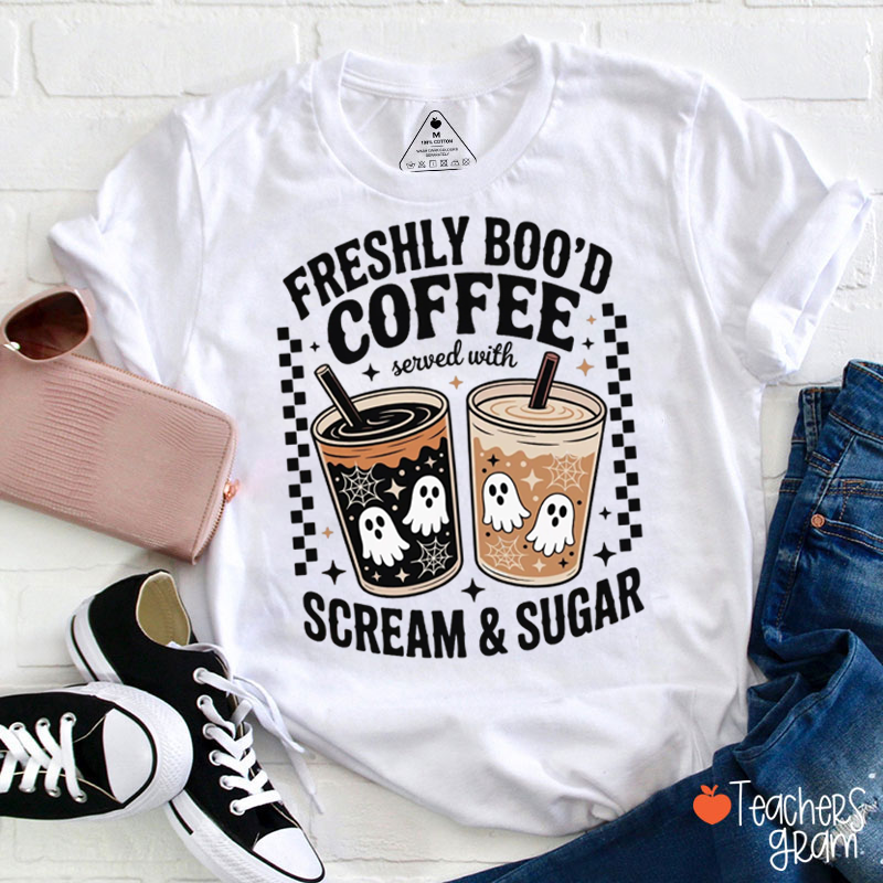 Freshly Boo'd Coffee Ghost Iced Coffee Halloween Teacher T‑Shirt