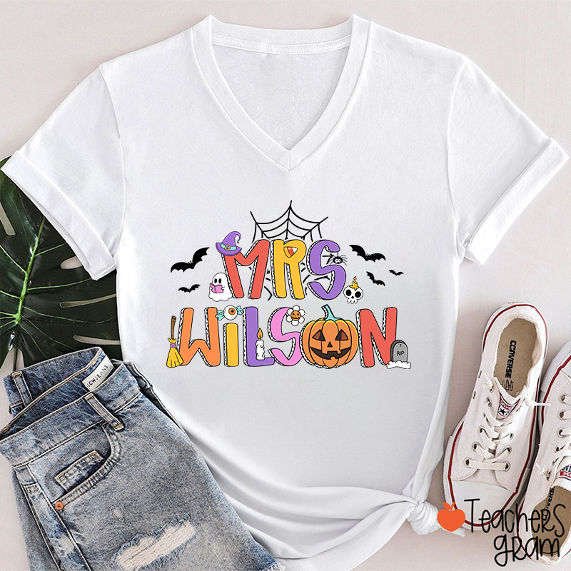 Personalized Name Spider Web Ghost Pumpkin Teacher Female V-Neck T-Shirt