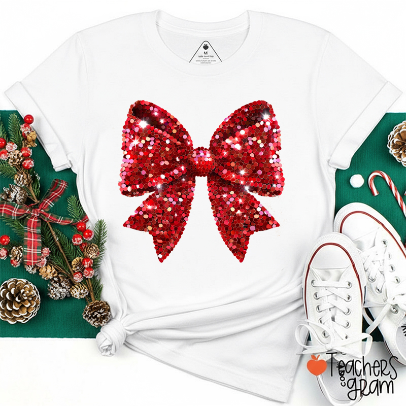 Faux Sequin Coquette Bow Christmas Teacher T-Shirt