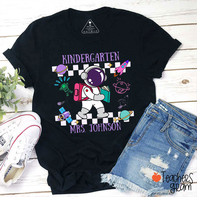 Personalized Grade Teacher Name Space Astronaut Checkerboard Planet Rocket Teacher T-Shirt