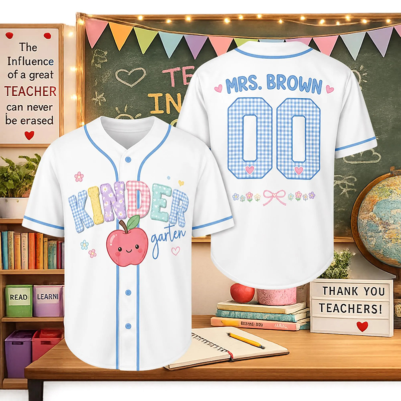 Personalized Grade And Name Apple Gingham Teacher Baseball Jersey