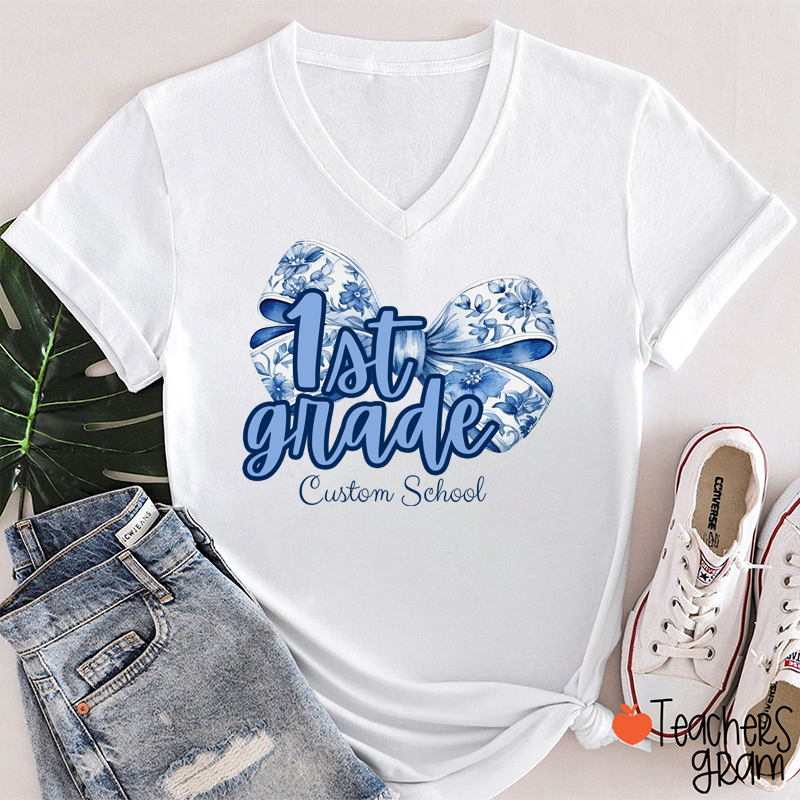 Personalized Bow Tie And Swash Teacher Female V-Neck T-Shirt
