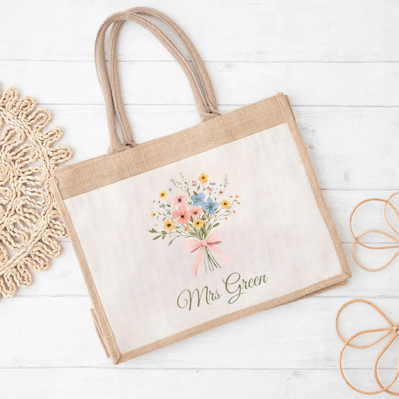 Personalized Name And Bouquet Teacher Jute Lunch Bag