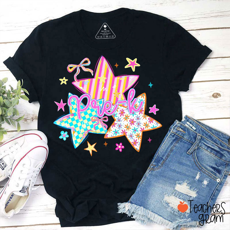 Personalized Grade Striped Neon Star Teacher T-Shirt