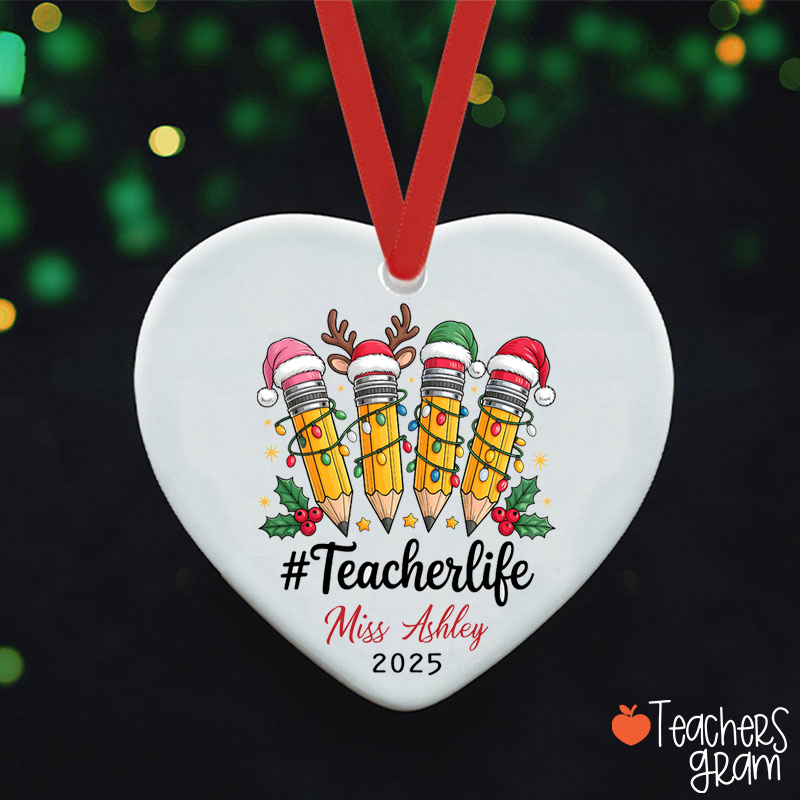 Personalized Name Christmas Light Pencils Teacher Ceramic Christmas Ornament