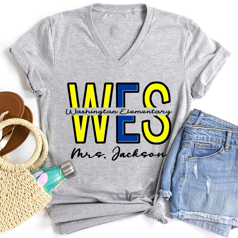 Personalized School Name Abbreviation School Color Teacher Female V-Neck T-Shirt