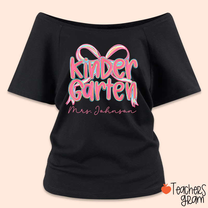 Personalized Grade Pink Bow Teacher Off Shoulder Shirt