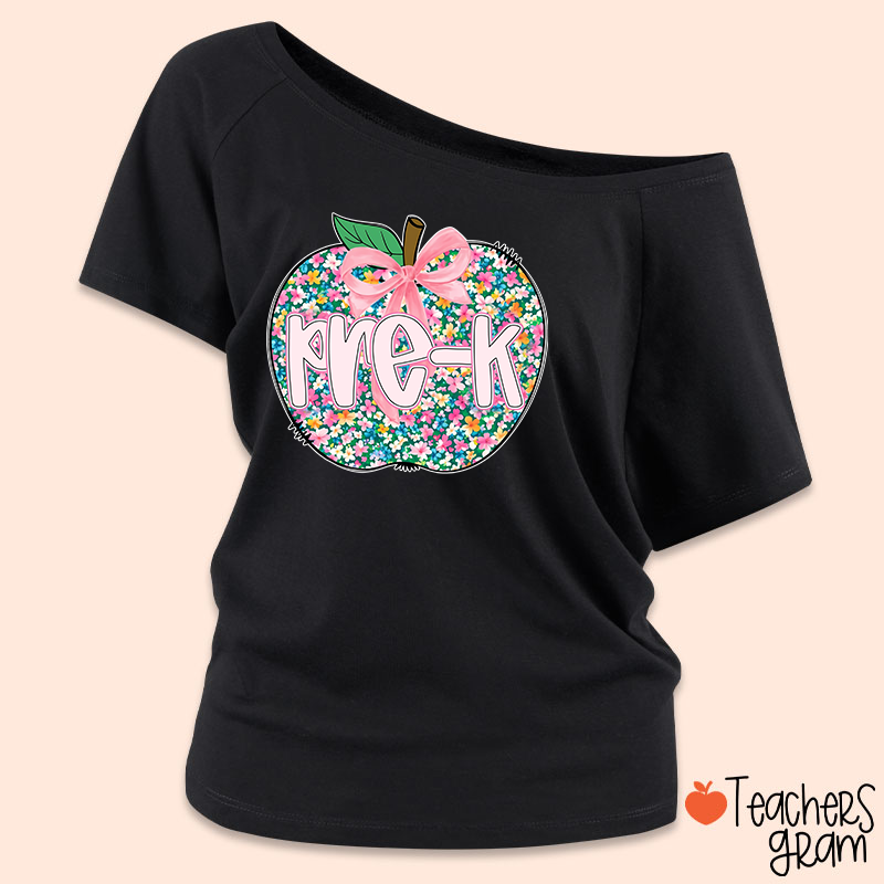 Personalized Grade Flowers Apple Teacher Off Shoulder Shirt