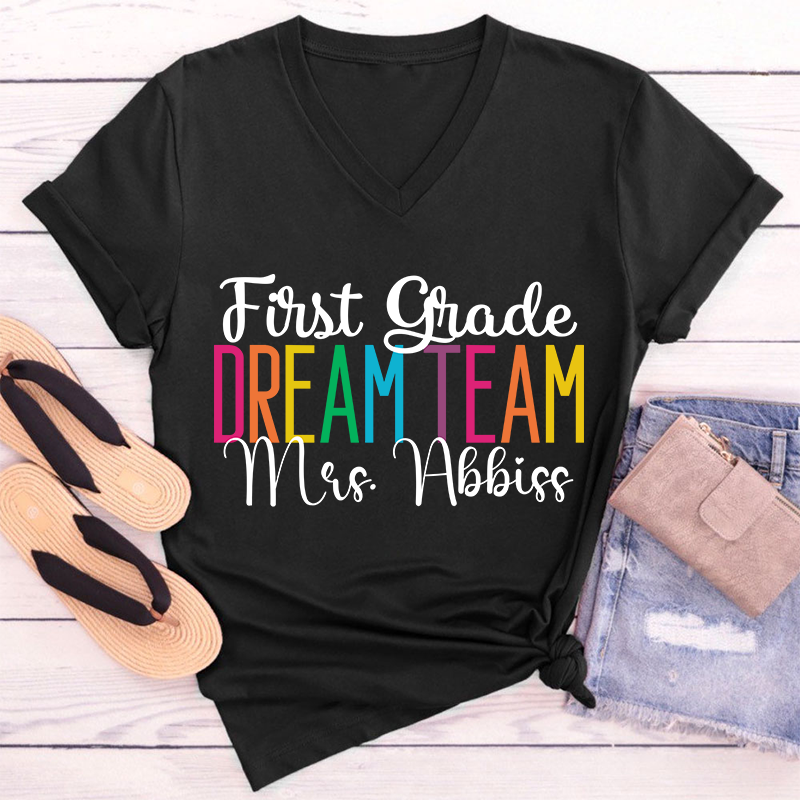 Personalized Back To School Dream Team Teacher Female V-Neck T-Shirt