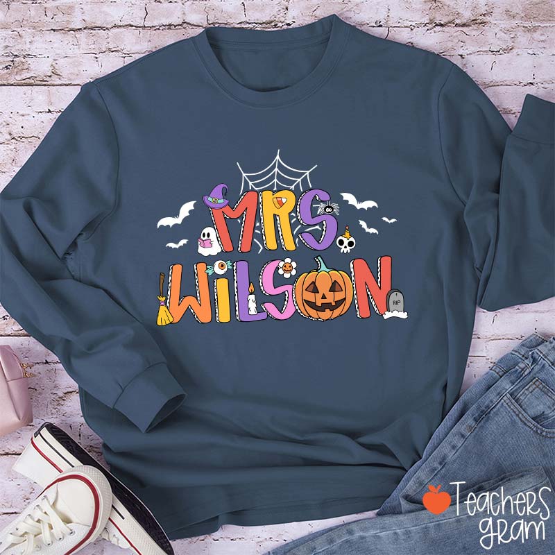 Personalized Name Spider Web Ghost Pumpkin Teacher Long Sleeve T-Shirt
