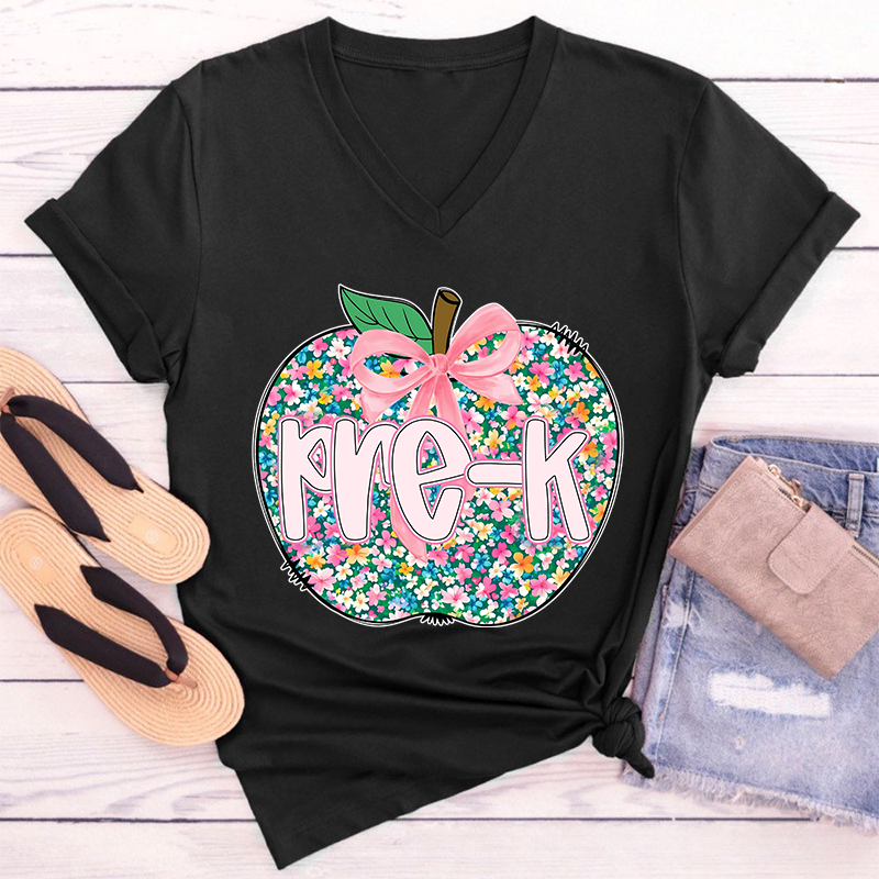 Personalized Grade Flowers Apple Teacher Female V-Neck T-Shirt