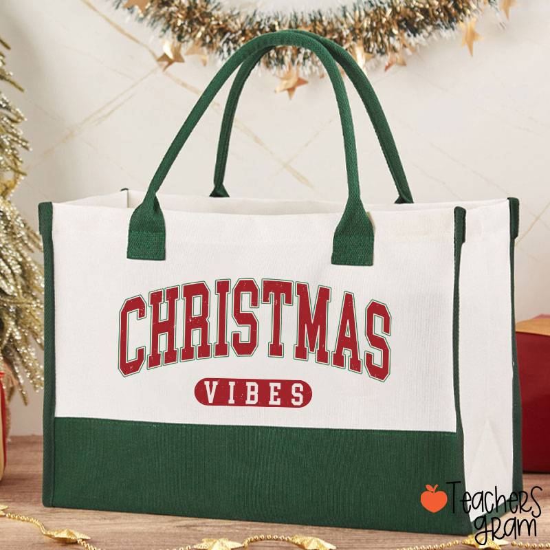 Retro Style Christmas Vibes Teacher Cotton Tote Bag