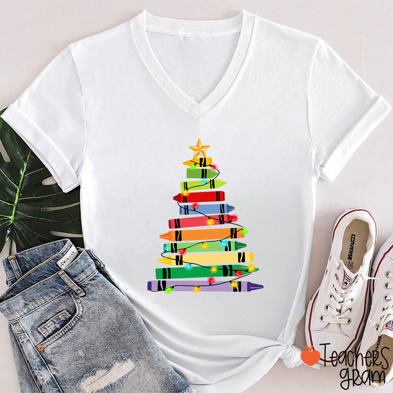 Crayons Tree Colored Ligths Teacher Female V-Neck T-Shirt