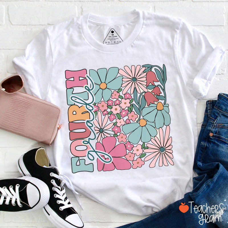 Personalized Colorful Flower And Grade Teacher T-Shirt