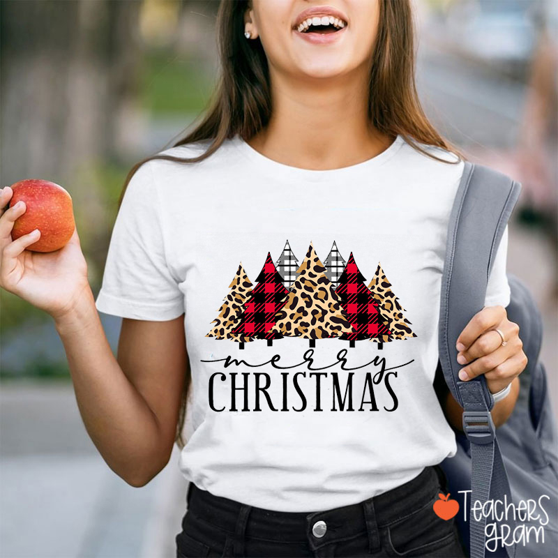 Merry Christmas Leopard Print Christmas Tree Teacher T-Shirt