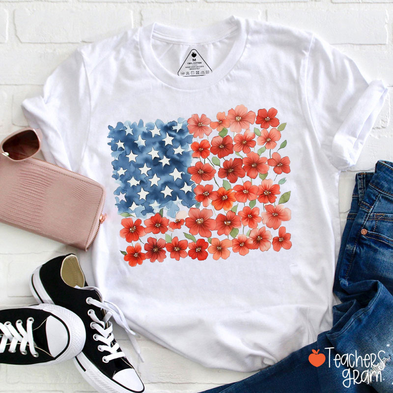 Floral American Flag Teacher T-Shirt