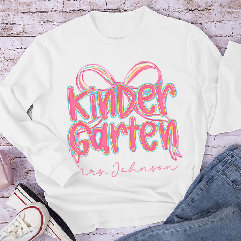 Personalized Grade Pink Bow Teacher Long Sleeve T-Shirt