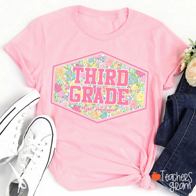 Personalized Grade And Name Floral Teacher T-Shirt