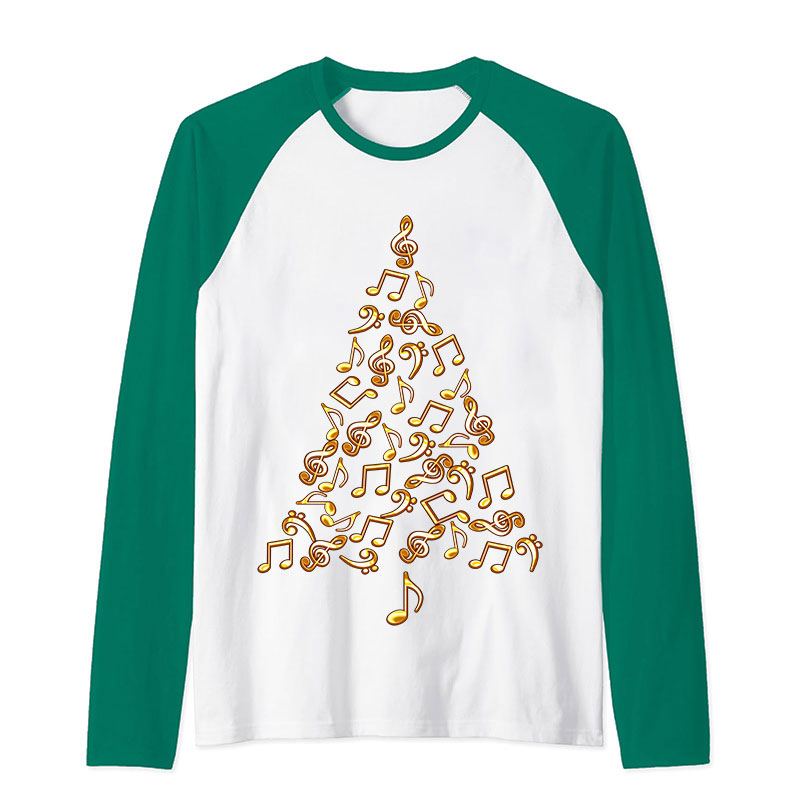 Music Gold Notes Tree Christmas Teacher Raglan Long Sleeve T-Shirt