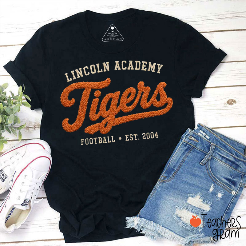 Personalized School Name Mascot Vintage Varsity Faux Yarn Teacher T‑Shirt