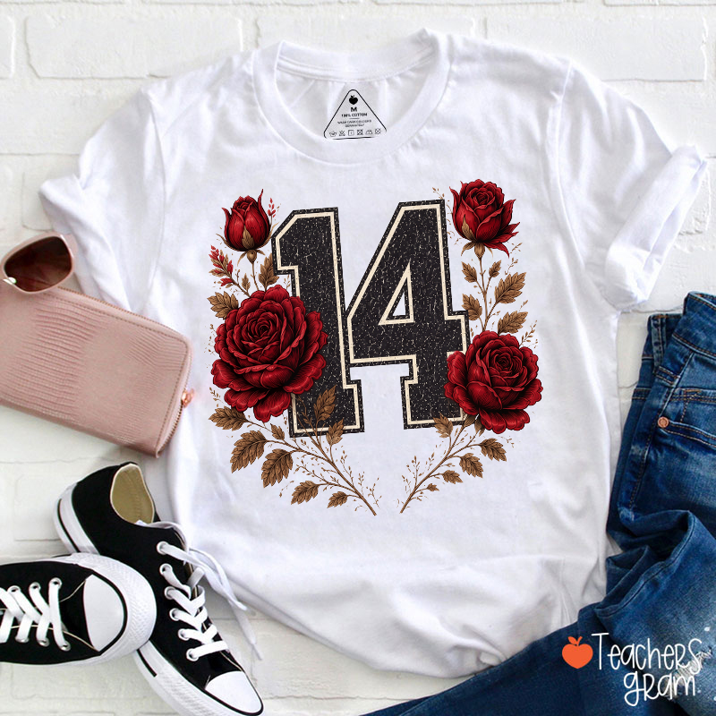 Personalized Initial Letter Red Rose Wreath Teacher T‑Shirt