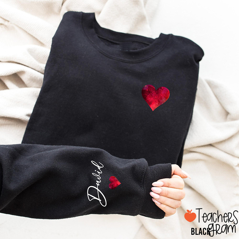 Personalized Name Love Heart Valentines Day Teacher Sleeve Print Sweatshirt