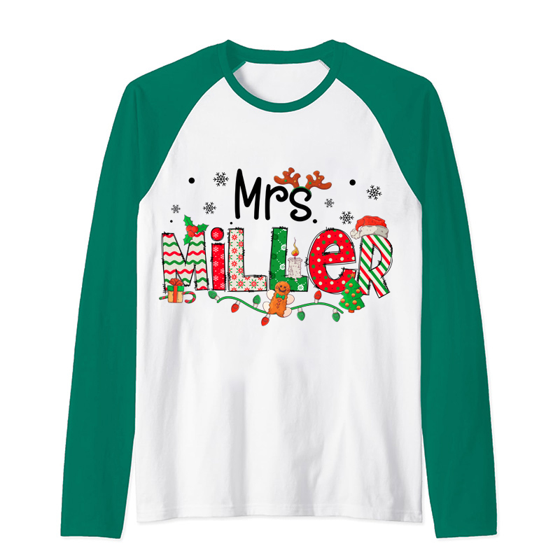 Personalized Teacher Name Christmas Teacher Raglan Long Sleeve T-Shirt