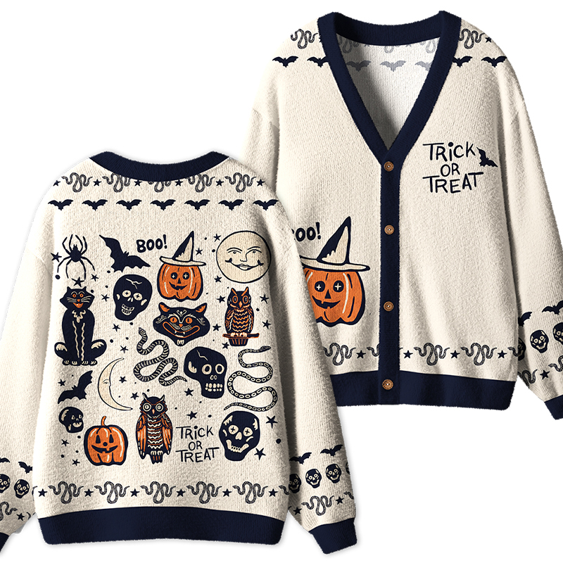 Vintage Halloween Trick Or Treat Teacher Cardigan Sweater