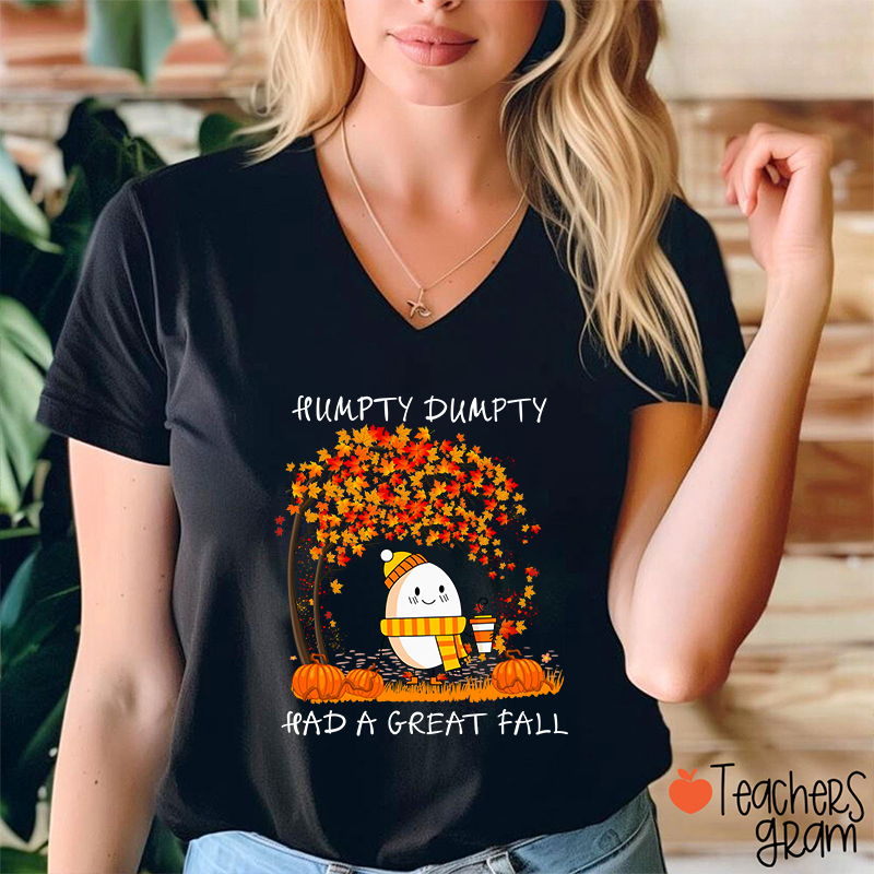 Humpty Happy Autumn Happy Fall Teacher Female V-Neck T-Shirt