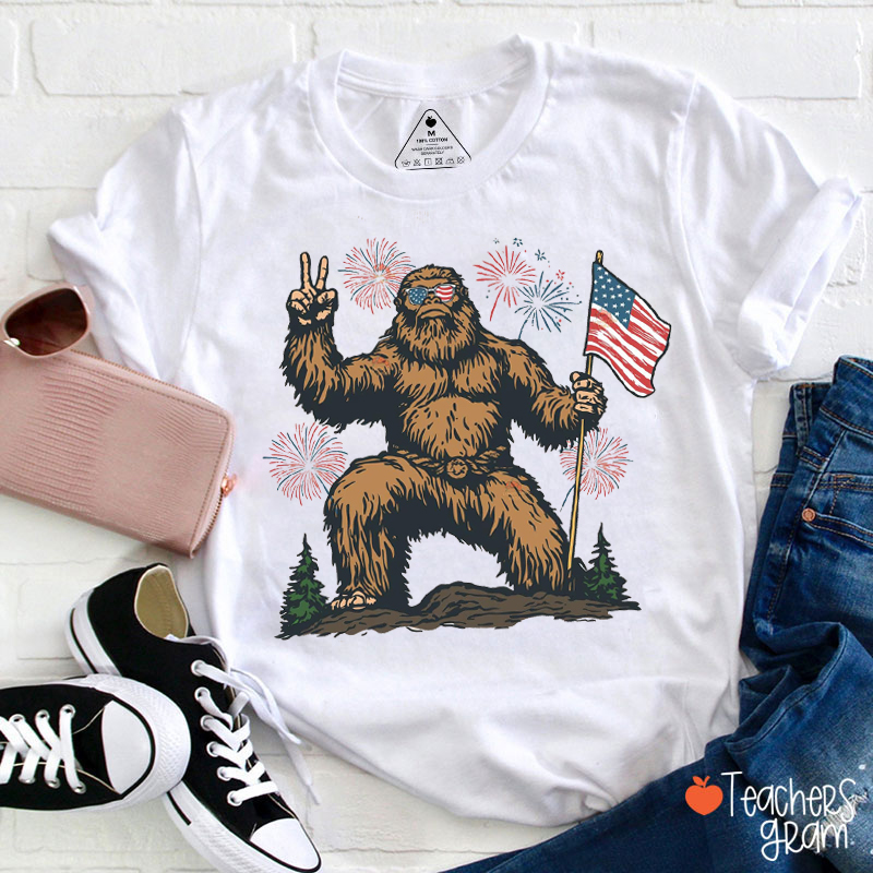 Patriotic Bigfoot USA Flag Teacher T-Shirt