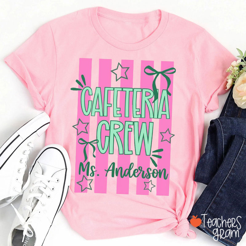 Personalized Name Retro Stripes Bow Star Squad Crew Cute Teacher Two Sided T-Shirt