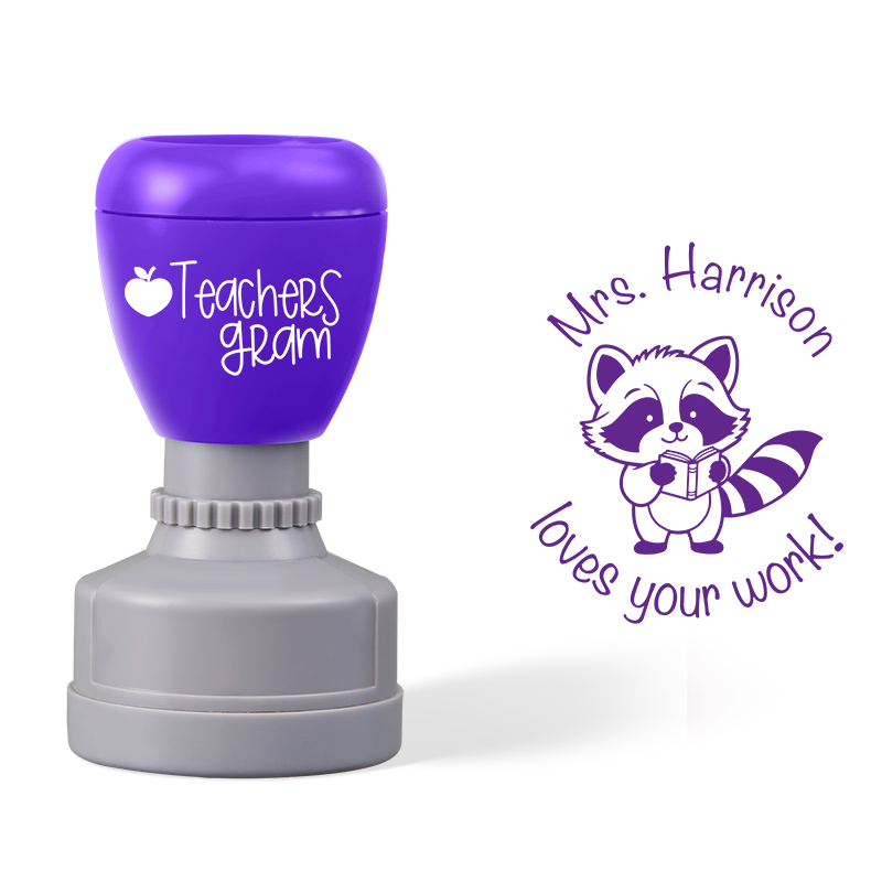Personalized Name Loves Your Work Raccoon Teacher Stamp