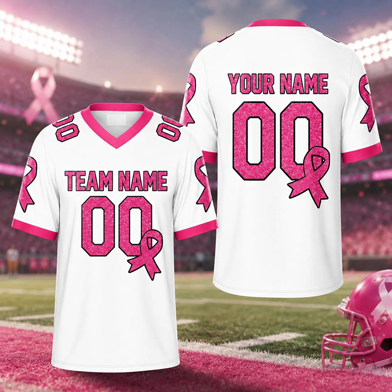 Personalized Name Team Number Pink Ribbon Teacher Mesh Jersey