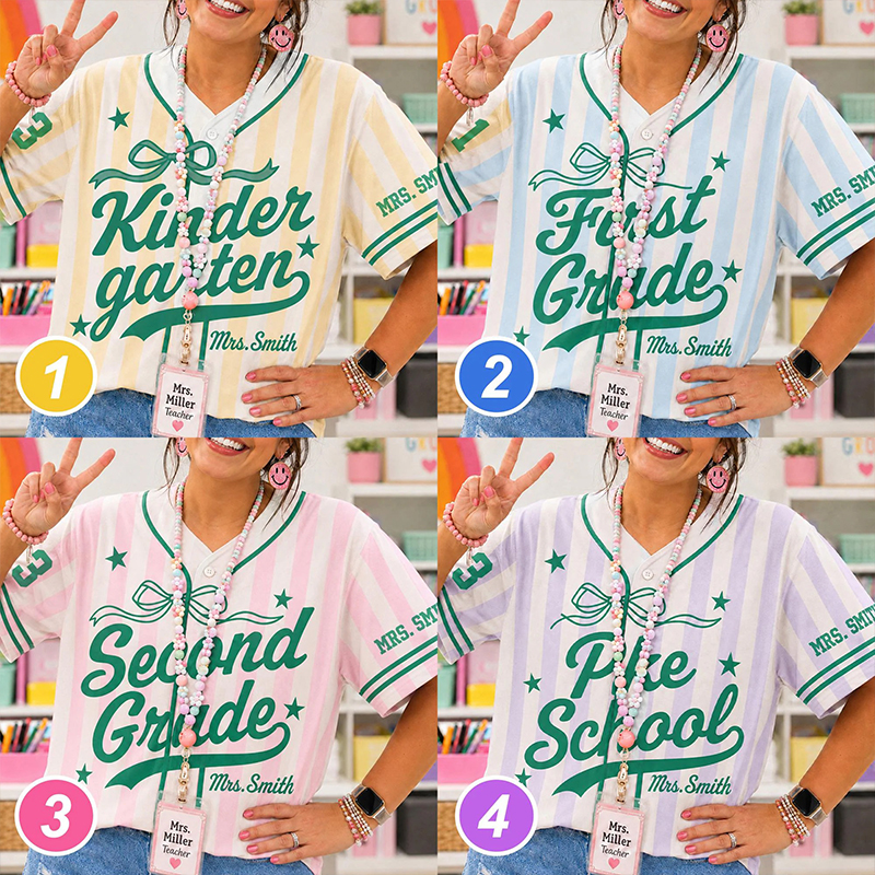 Personalized Grade And Name Stripe Bow Teacher Baseball Jersey
