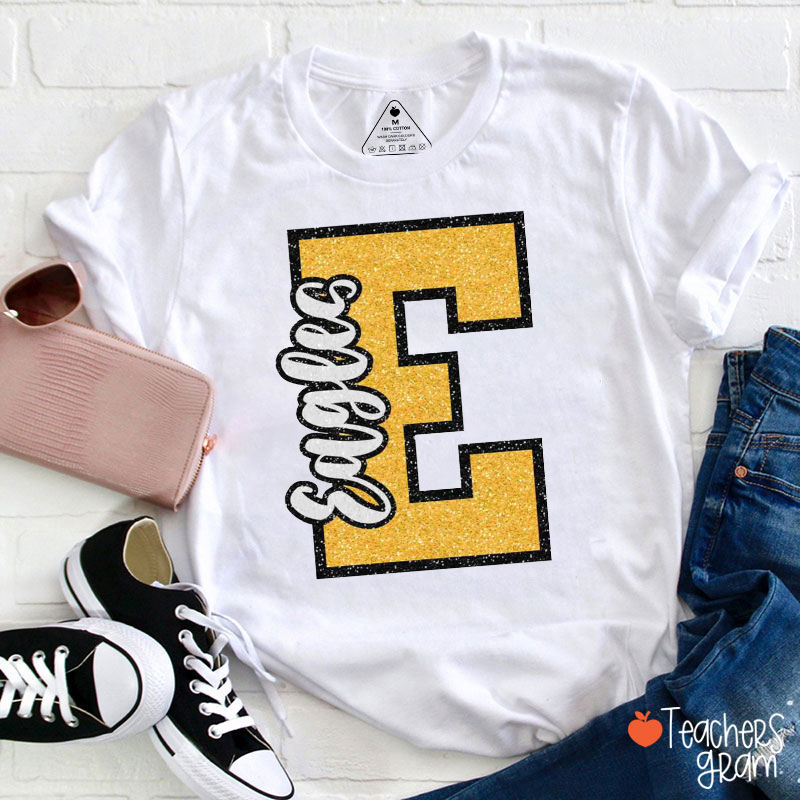 Personalized Mascot Glitter Varsity Letter Teacher T-Shirt