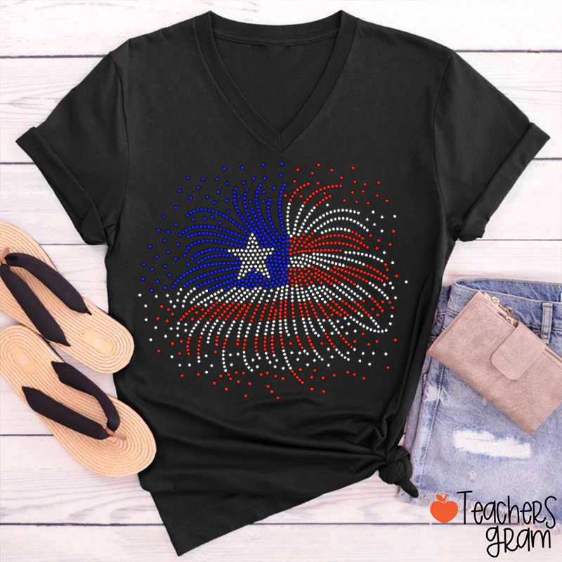 Sparkle Rhinestone Flag Fireworks Teacher Female V-Neck T-Shirt