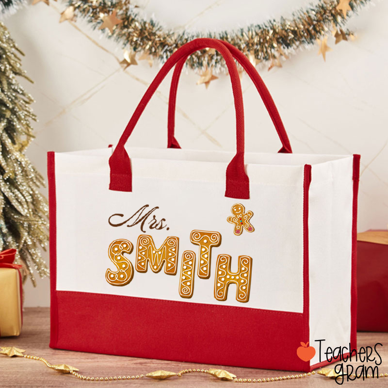 Personalized Name Gingerbread Teacher Cotton Tote Bag