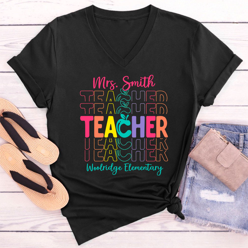 Personalized Colorful Apple Teacher Female V-Neck T-Shirt