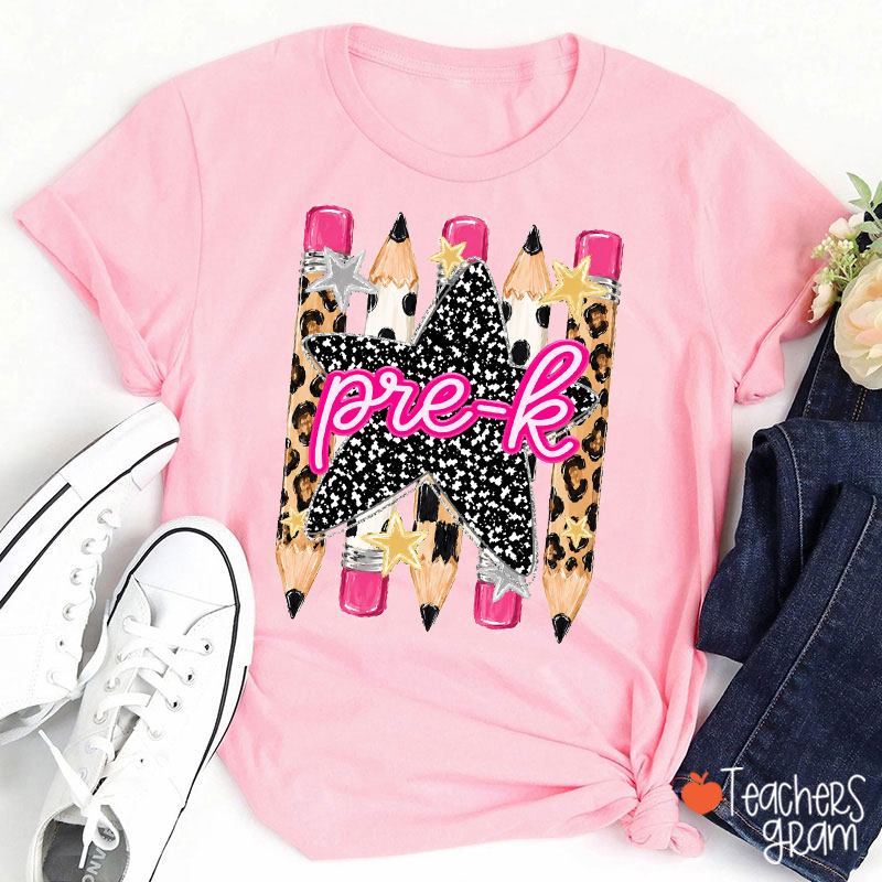 Personalized Grade Name Leopard Star Pencil Teacher T-Shirt