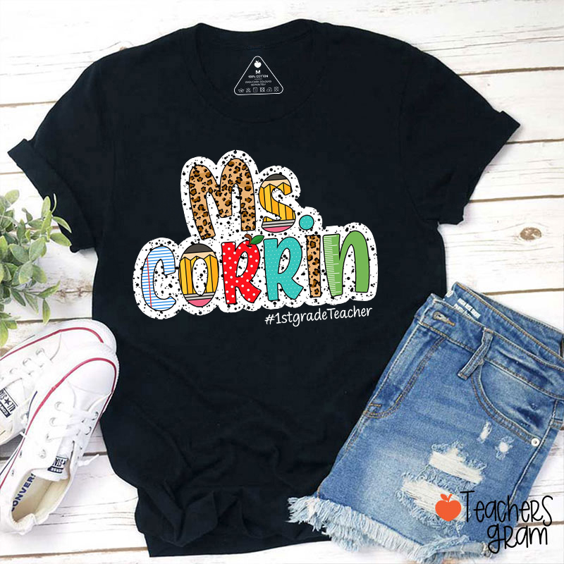 Personalized Grade And Name Spotted Font Leopard Pencil Teacher T-Shirt