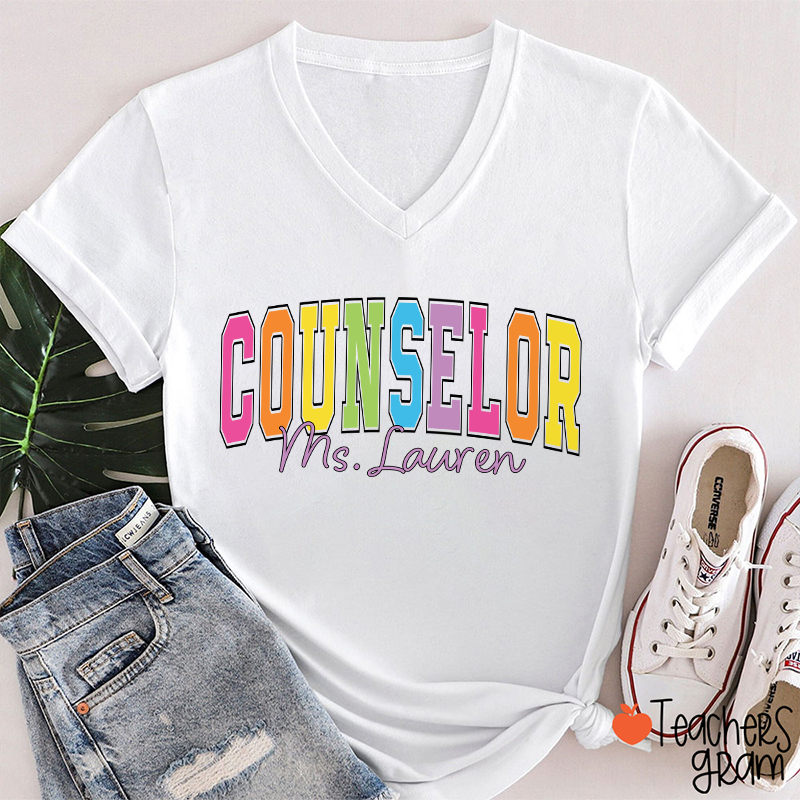Personalized Name Grade Color Teacher Female V-Neck T-Shirt